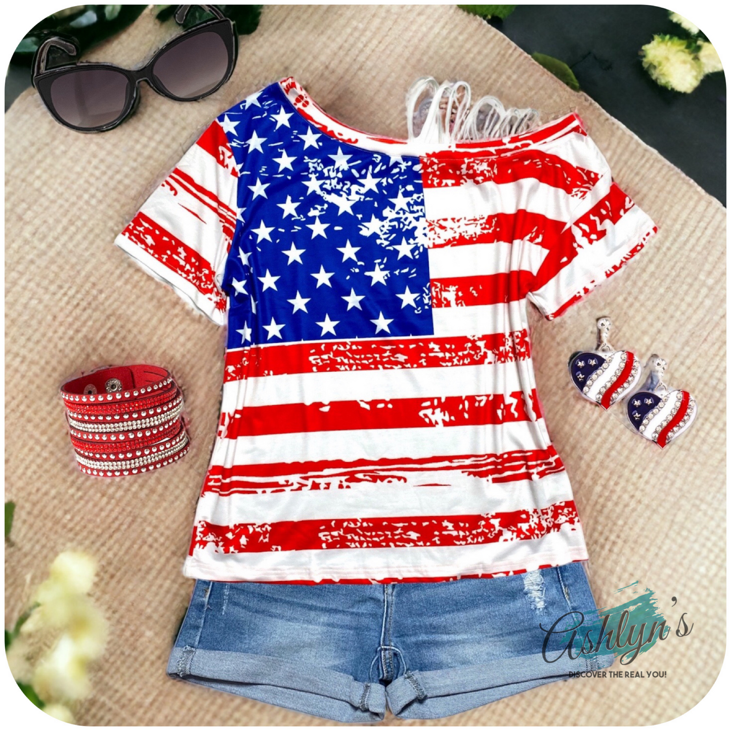 Closeout-Adorable Amanda Cross Strap Cold Shoulder American Flag Top