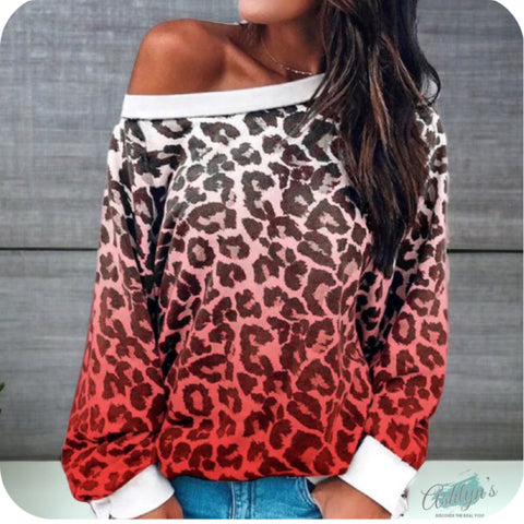 Holy Smack Closeout-Sexy Me Boat Neck Gradient Leopard Print Top-Off Shoulder Sweatshirt