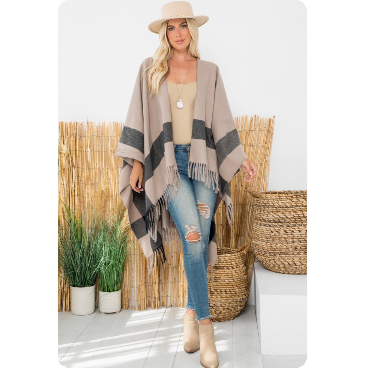 Casually Classy Beige Color Block Fringe Trim Kimono-Open Front Shawl