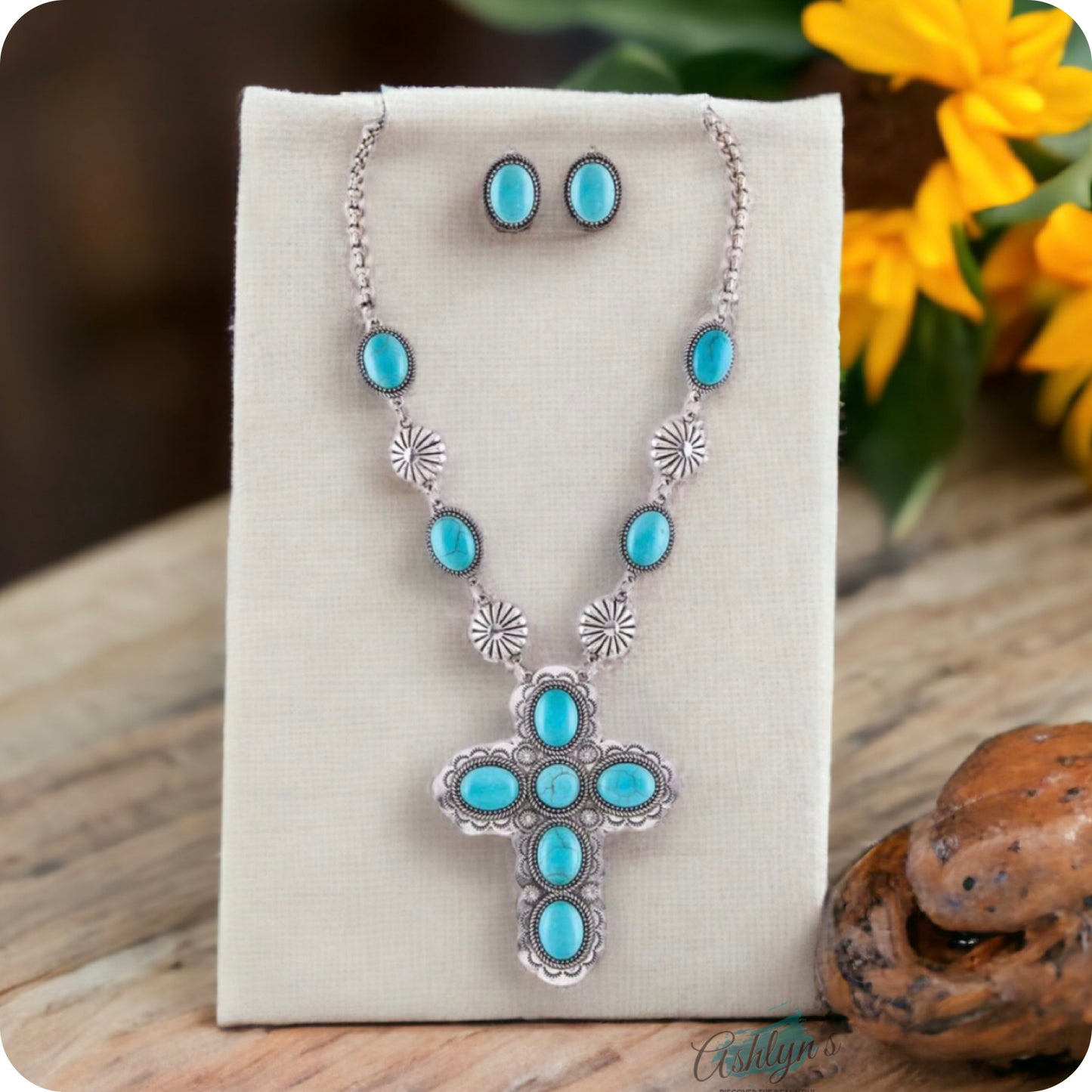 Iconic Turquoise Stone Cross and Concho Necklace Set
