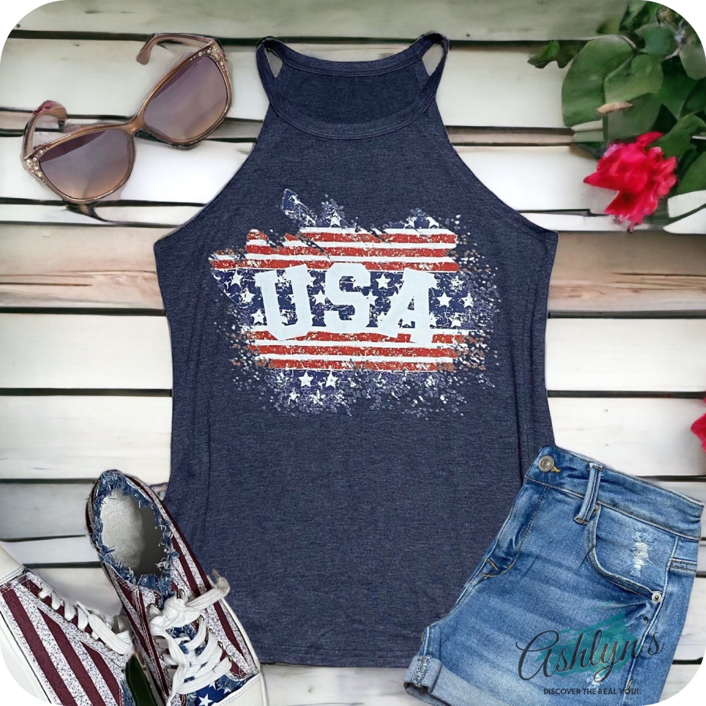 Closeout-Adorable Stars & Stripes USA Graphic Beth Halter Top
