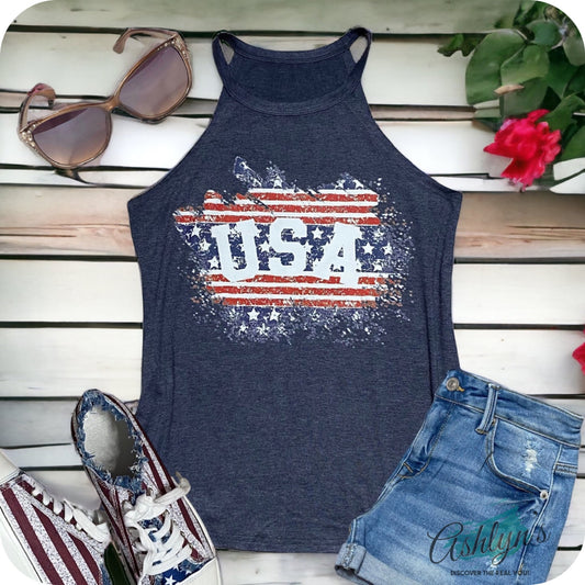 Closeout-Adorable Stars & Stripes USA Graphic Beth Halter Top