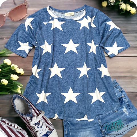 Closeout-Adorable Blue Star Print American Pride Top