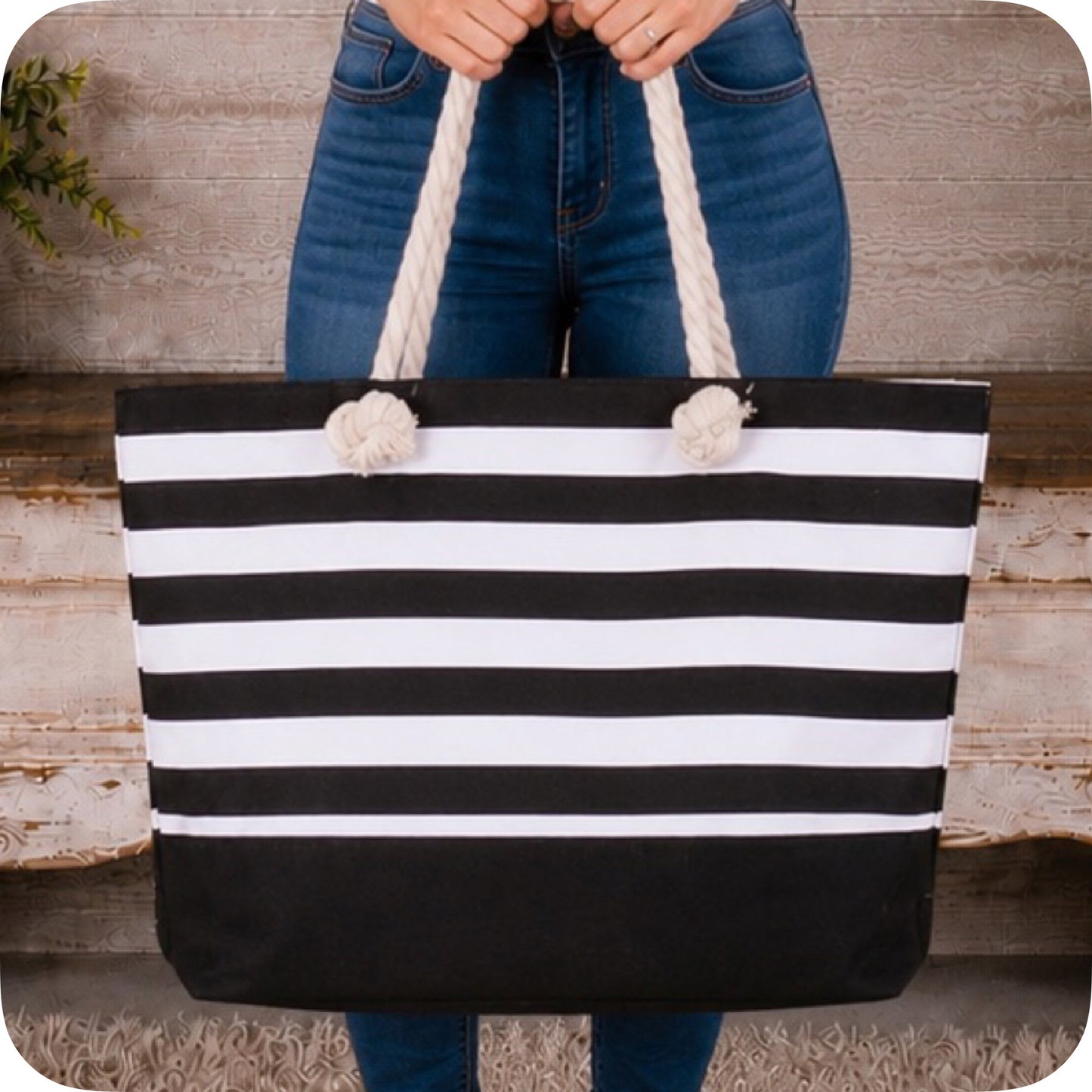 Ashlyn’s XL Black Striped Canvas Headed Out with Ease Tote Bag-Purse