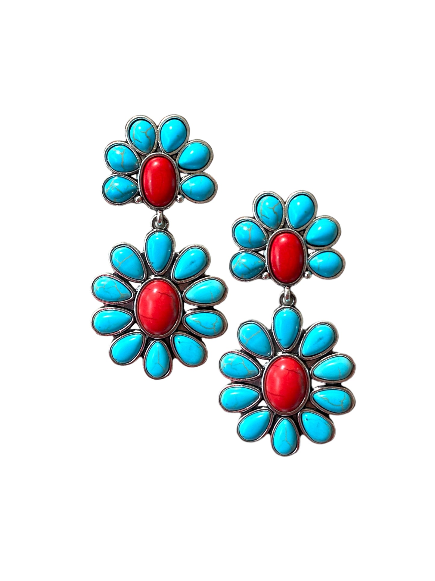 Western Iconic Turquoise Red Stone Concho Earrings