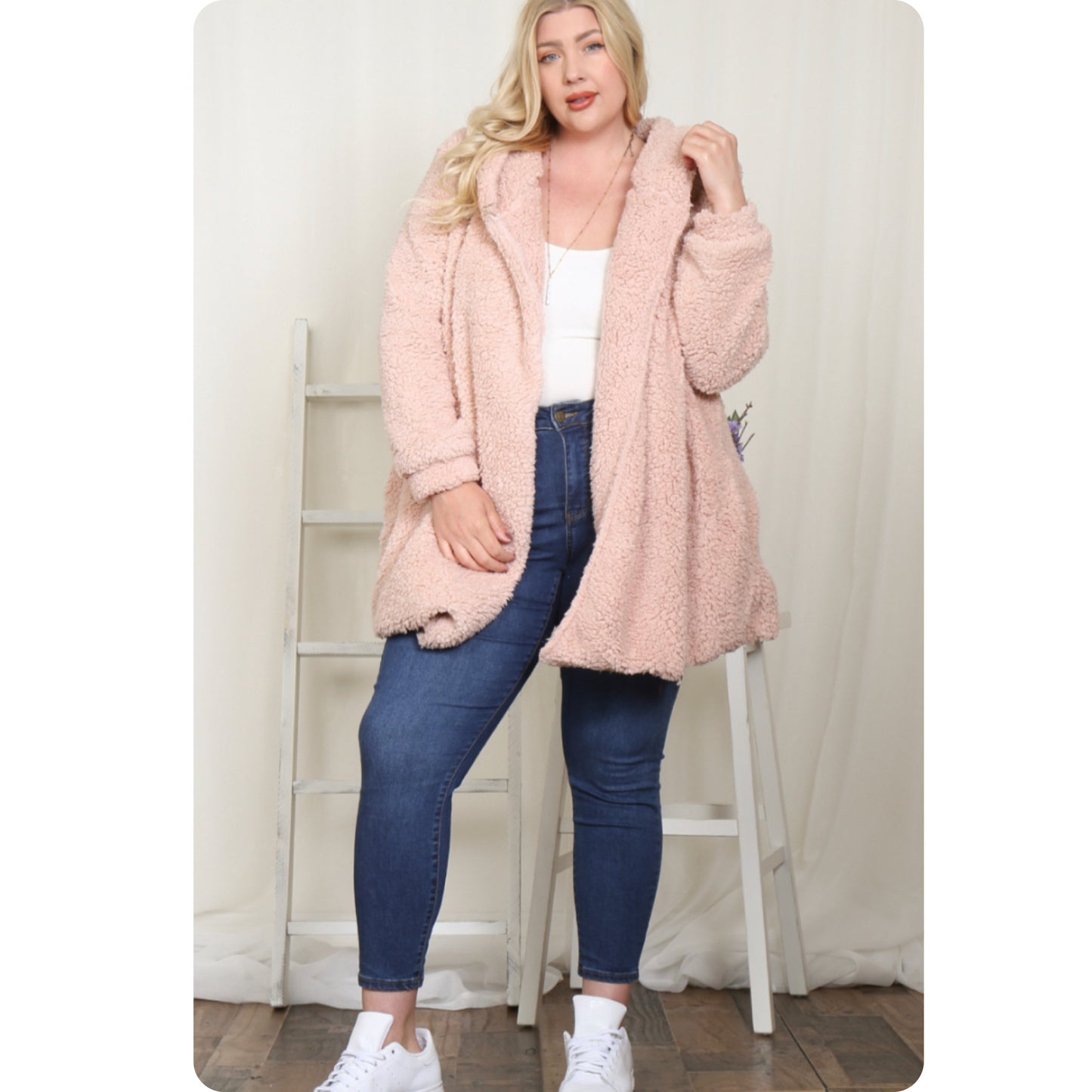 Cozy Warm Pink Sherpa Hooded Jacket-Plus Size Winter Coat