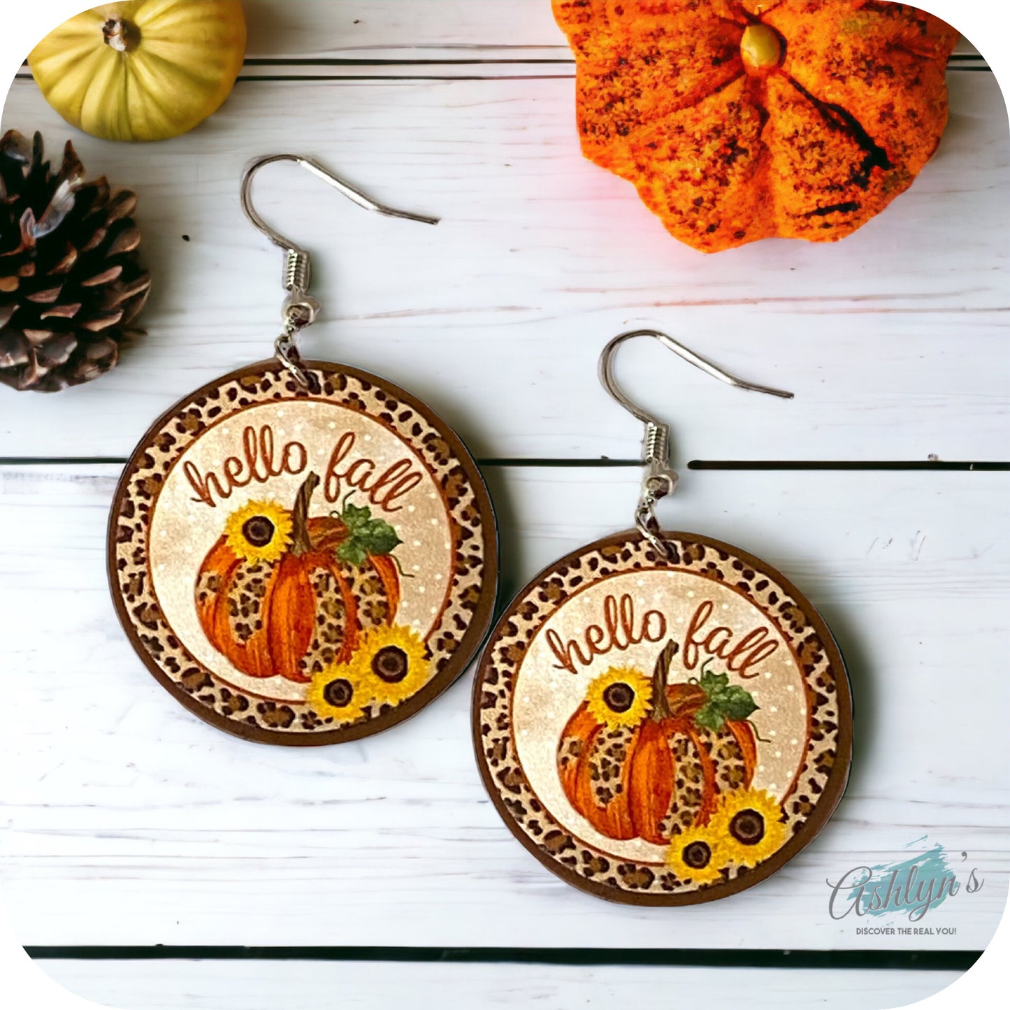 Hello Fall Disc Earrings with Leopard Trim-Pumpkin and Sunflowers