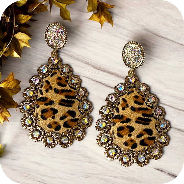 Rhinestone Accented Faux Fur Leopard Earrings