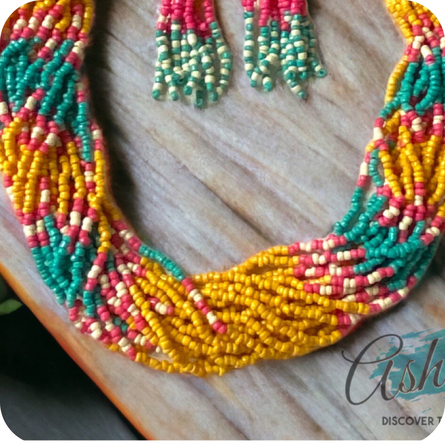 Ashlyn’s Classy Multi Strand Thick Twist Mustard Teal Necklace Set