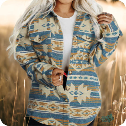 Ashlyn’s Sassy Gal Navajo Print Beige Blue Jacket-Aztec Shacket