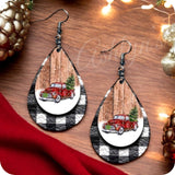 Iconic Red Truck & Tree Black Buffalo Plaid Leather Earrings-Jewelry