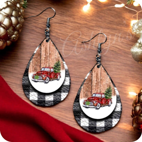 Iconic Red Truck & Tree Black Buffalo Plaid Leather Earrings-Jewelry