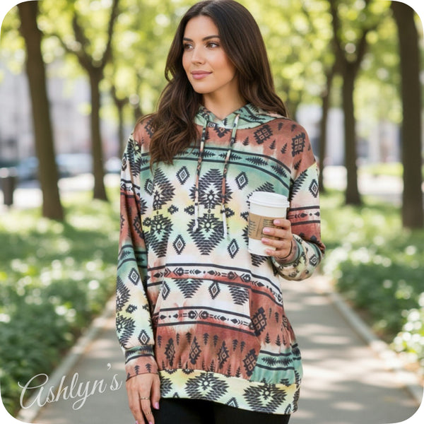 Fall Approved Rust/Hunter Green Aztec Print French Terry Kangaroo Pocket Hoodie-Hooded Sweater Top