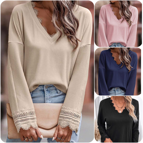 Classy and Sassy Michele V Lace Trim V Neck Tops-Ribbed Sweater Top