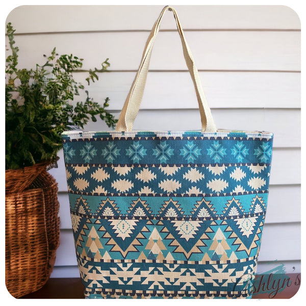Ashlyn’s Beach Day to Any Day Teal Geo Aztec Tote Bag-Tribal-Purse