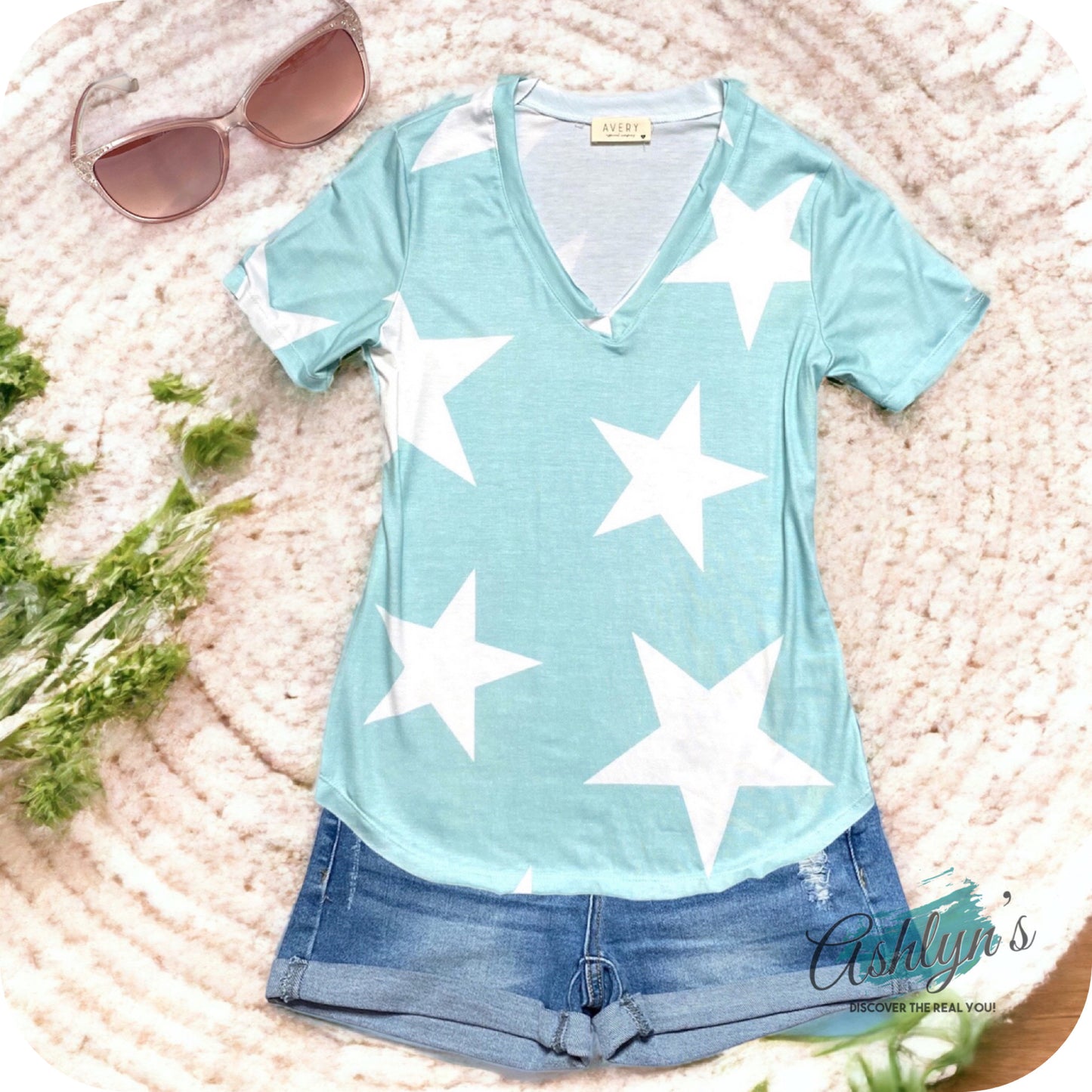 Closeout-Ashlyn’s Pastel Star V Neck Tops-Tunic Top