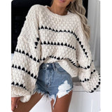 Cozy Oversized Puffy Balloon Sleeve Ivory Striped Sweater