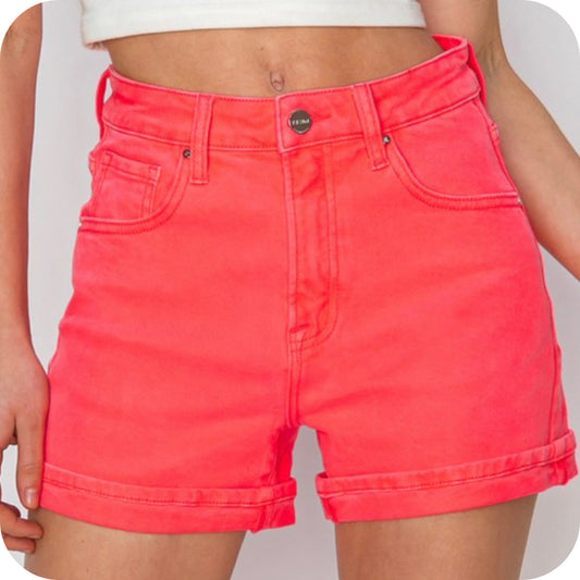 Risen PLUS SIZE High Rise Cuffed Neon Coral Shorts-Summer Comfort