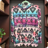 Fall Approved Jade/Magenta Aztec Print French Terry Kangaroo Pocket Hoodie-Hooded Sweater Top