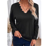 Classy and Sassy Michele V Lace Trim V Neck Tops-Ribbed Sweater Top