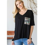 Ashlyn’s Cozy Classic Black V Neck Top with Camouflage Pocket-Tunic Top