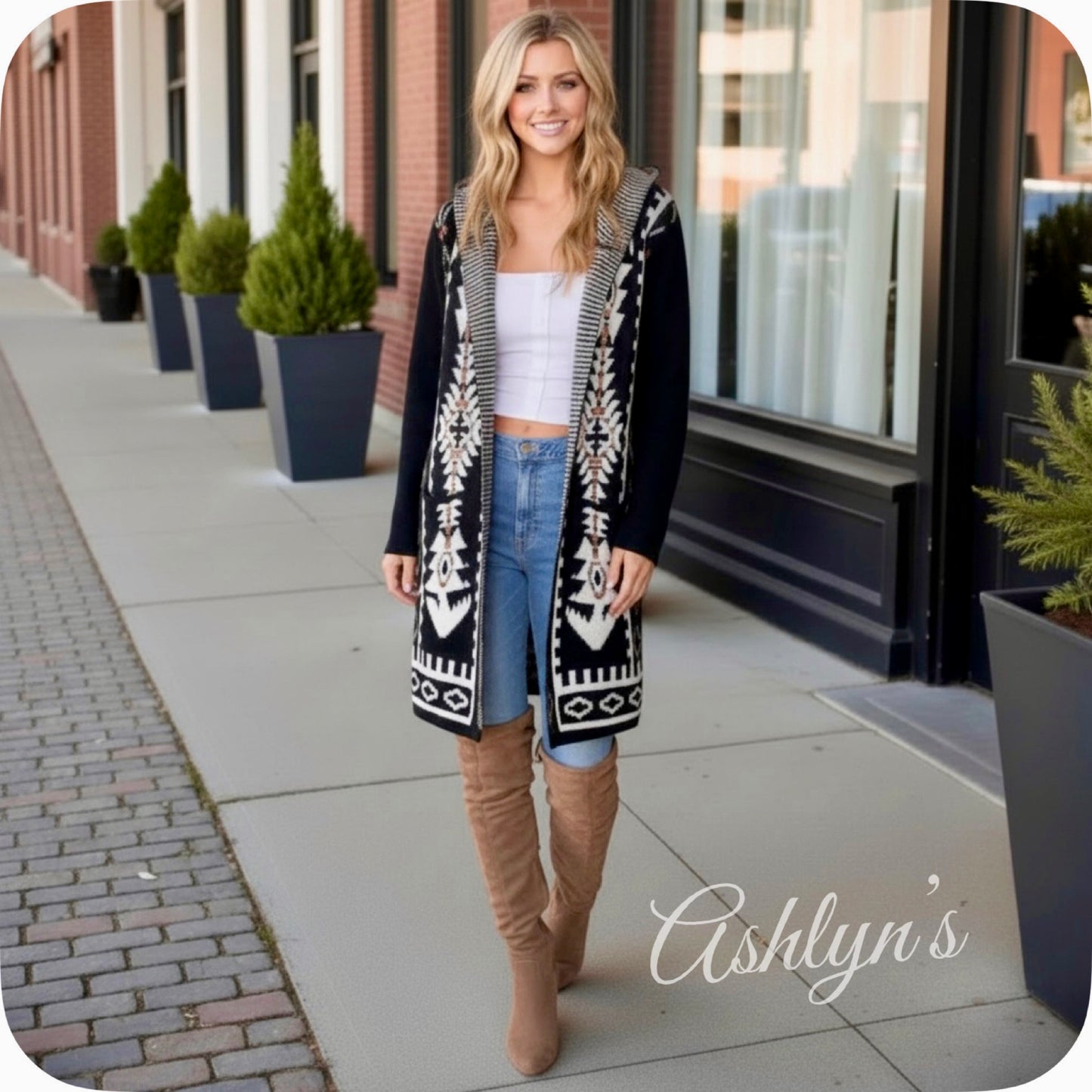 Boho Asymmetric Print Long Black Hooded Cardigan-Aztec Sweater-Duster