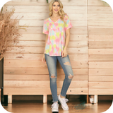 Spring Time V Neck Yellow Pink Tie Dye Top