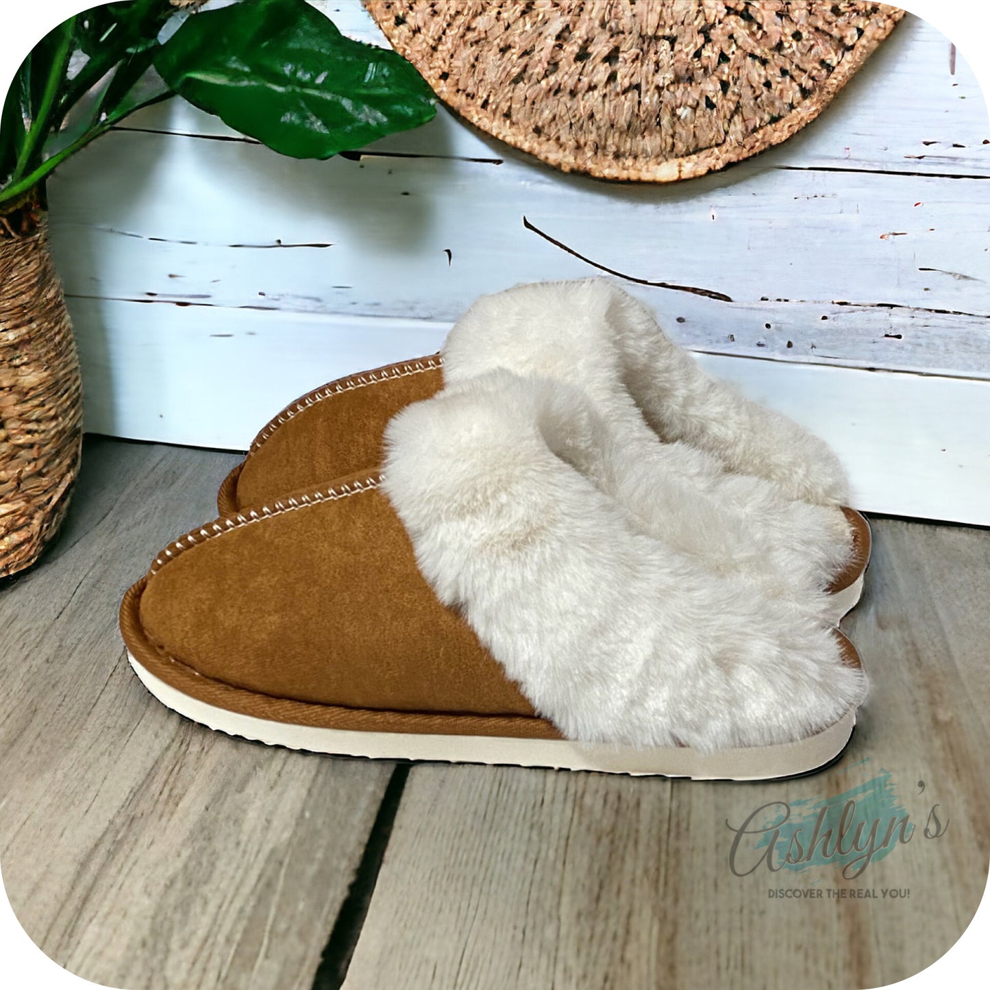 Michele V Dark Tan Suede Plush Slippers