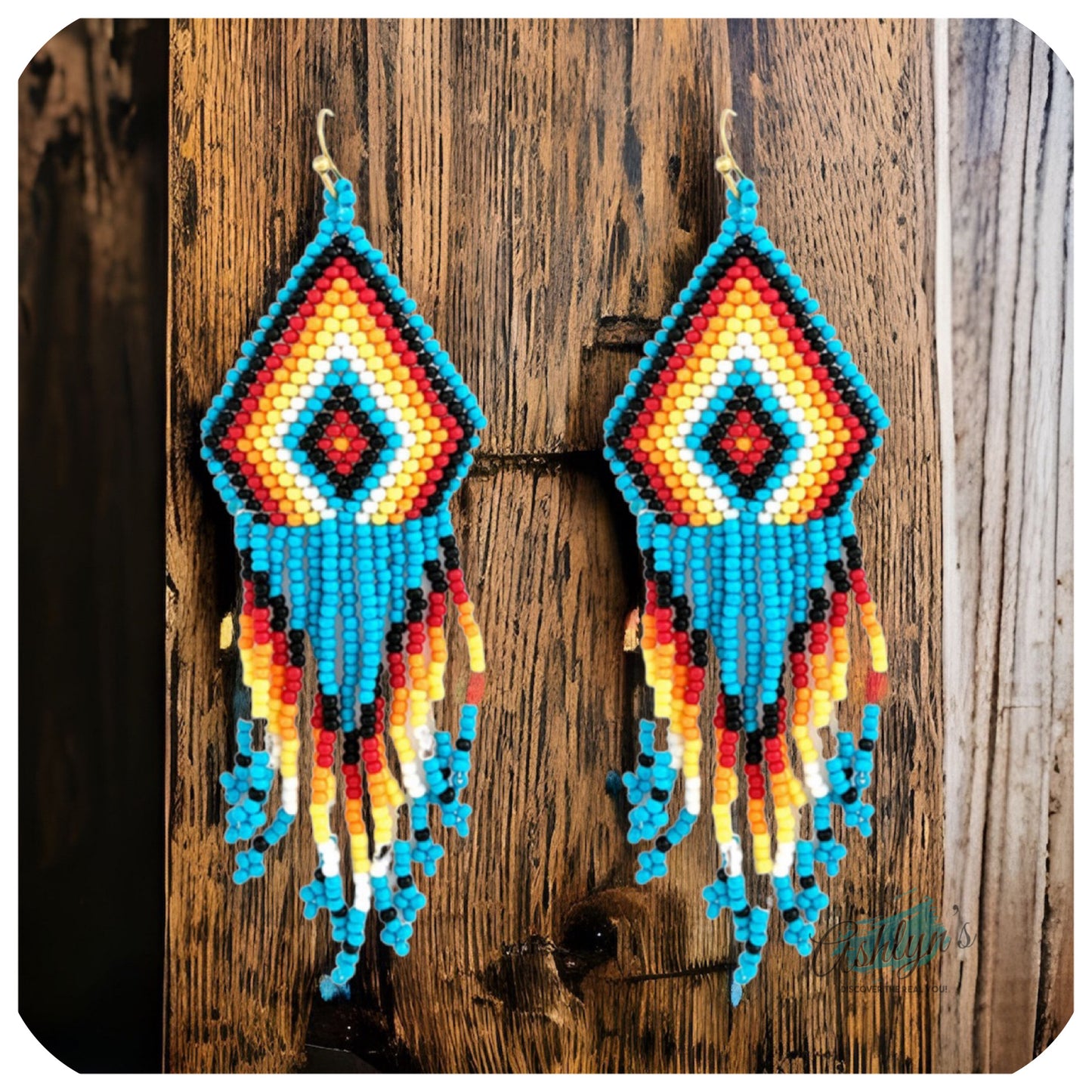 Blue Red Mix Aztec Diamond Fringe Drop Seed Bead Earrings-Western-Navajo