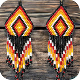 Black Orange Mix Aztec Diamond Fringe Drop Seed Bead Earrings-Western-Navajo