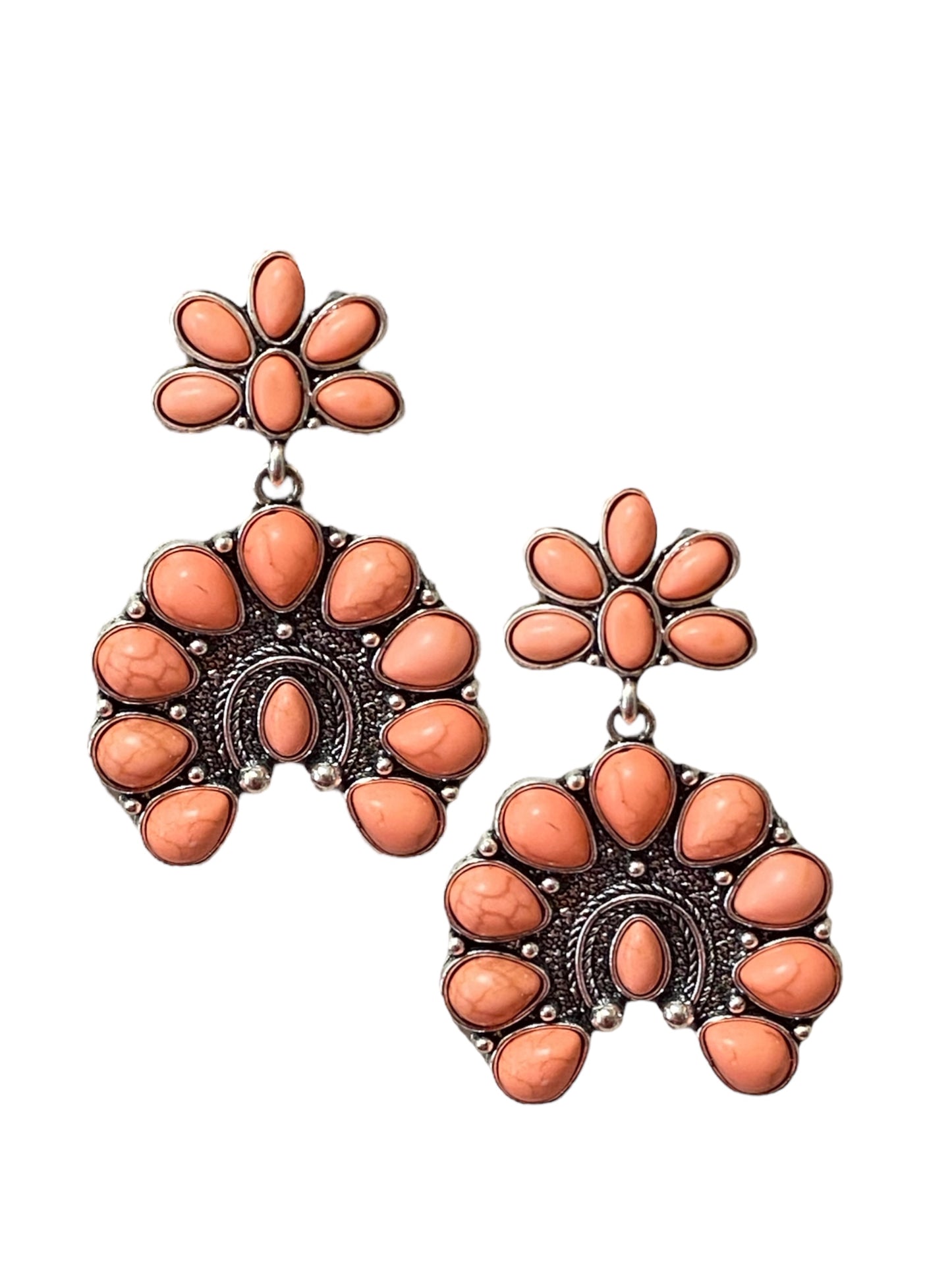 Western Iconic Peach Stone Horseshoe Concho Earrings