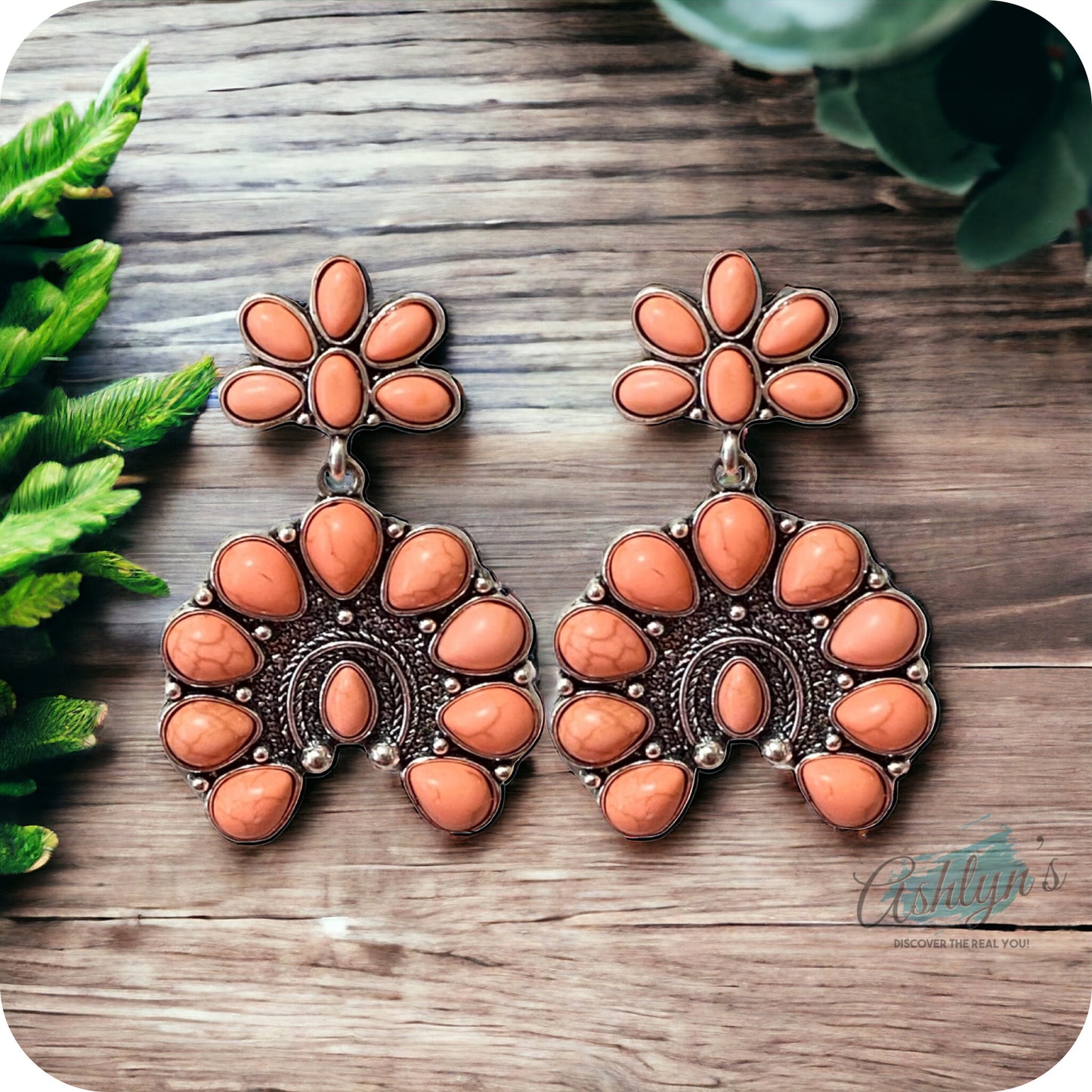 Western Iconic Peach Stone Horseshoe Concho Earrings