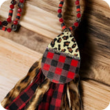 Ashlyn’s Leopard & Red Buffalo Plaid Fringe Crystal Charm Sweater Necklace