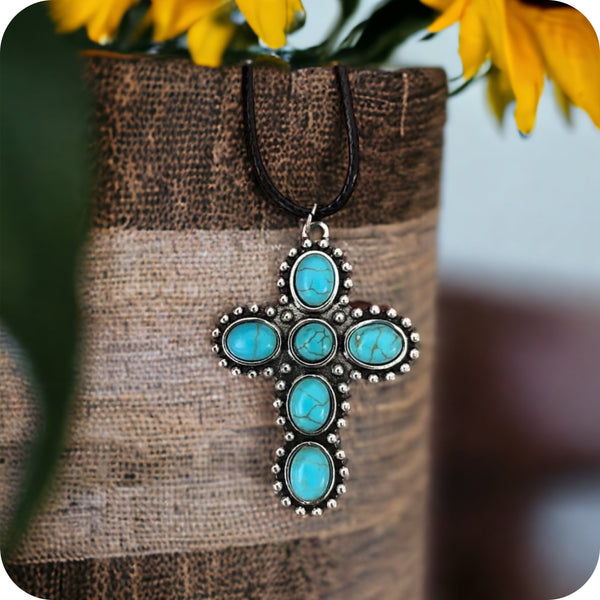 Turquoise Crackle Stone Cross Pendant Necklace
