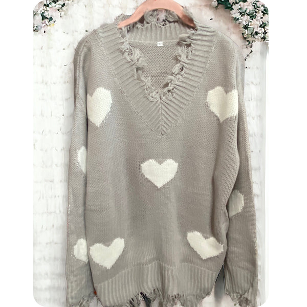 Be Mine Baby~Frayed Trim Heart Detail Gray Knit Sweater