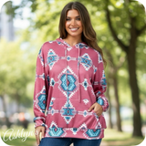 Ashlyn’s Mauve Turquoise Aztec Print Ultra Soft Hoodie-Pullover