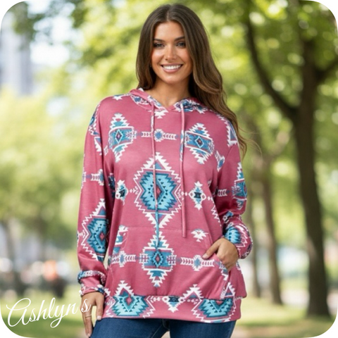 Ashlyn’s Mauve Turquoise Aztec Print Ultra Soft Hoodie-Pullover