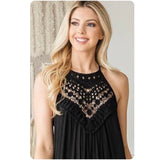 Ashlyn’s Classy and Sassy Embroidered Crochet Halter Black Dress-Long Maxi Dress