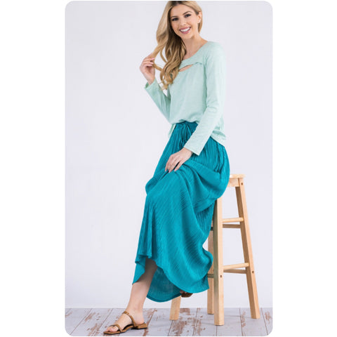 Ashlyn’s Classy and Sassy Turquoise Bodre Crinkle Skirt-Long Skirt