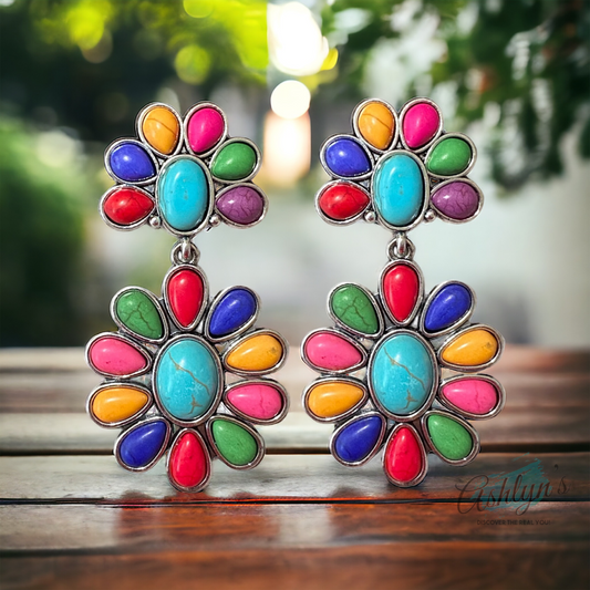 Western Iconic Multi Color Stone Concho Earrings