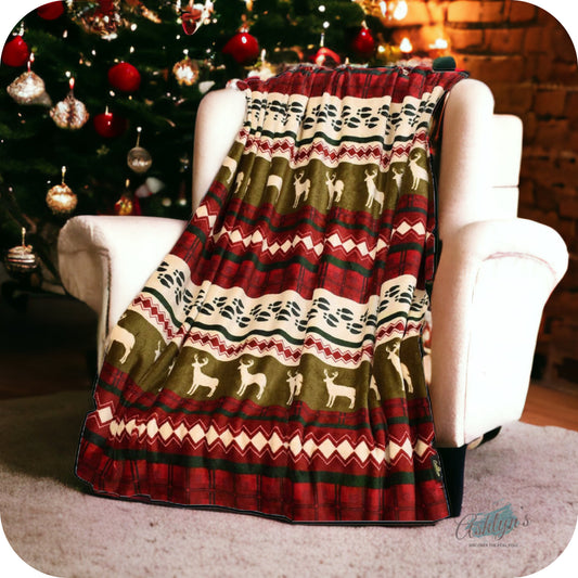 Relax for the Holidays Burgundy Army Green Reindeer Blanket-Christmas Throw