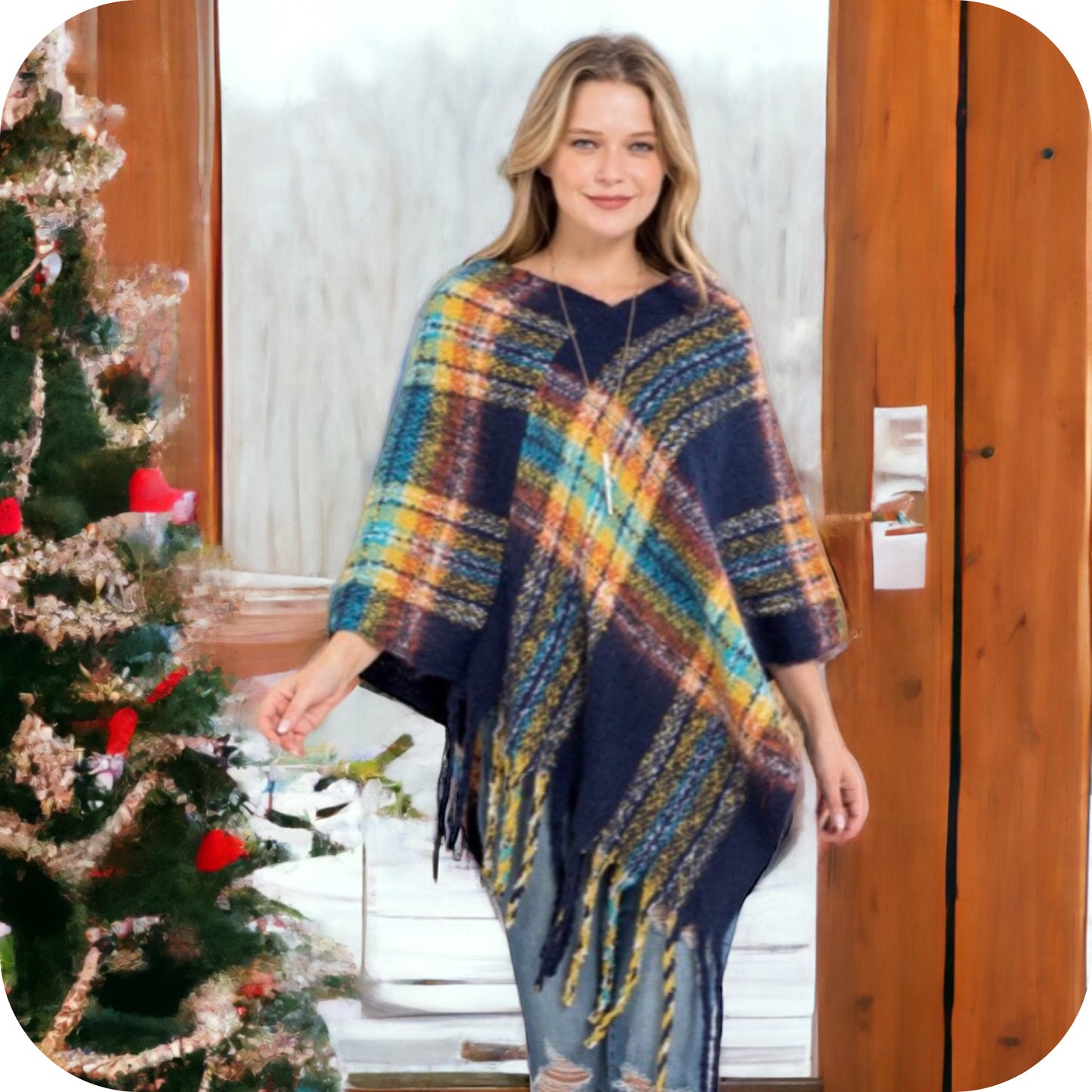 Cuddly Soft Fringe Trim Poncho-Shawl-4 color choices