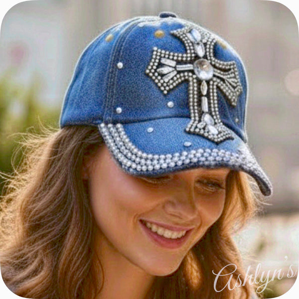 Distressed Large Bling Cross Blue Denim Hat