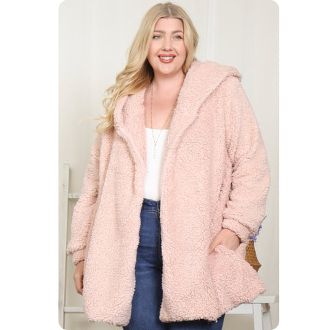 Cozy Warm Pink Sherpa Hooded Jacket-Plus Size Winter Coat