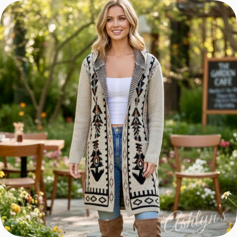 Boho Asymmetric Print Long Beige Hooded Cardigan-Aztec Sweater-Duster-Oatmeal