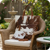 Round Em’ Up-Jennifer Tan Cowhide Print Tote-Cross Body Bag and Clutch 3pc Set