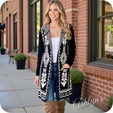 Boho Asymmetric Print Long Black Hooded Cardigan-Aztec Sweater-Duster