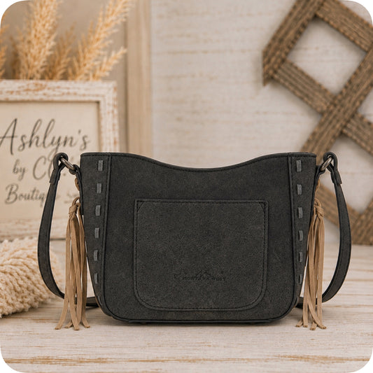 Montana West Embroidered Appliqué Saddle Stitch Detail Black Crossbody Bag