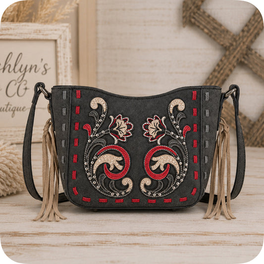 Montana West Embroidered Appliqué Saddle Stitch Detail Black Crossbody Bag