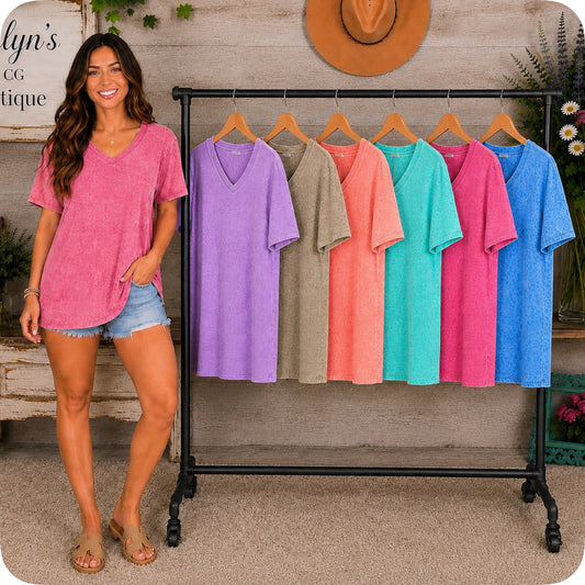 ZENANA Washed Classic V Neck Short Sleeve Tunic Top